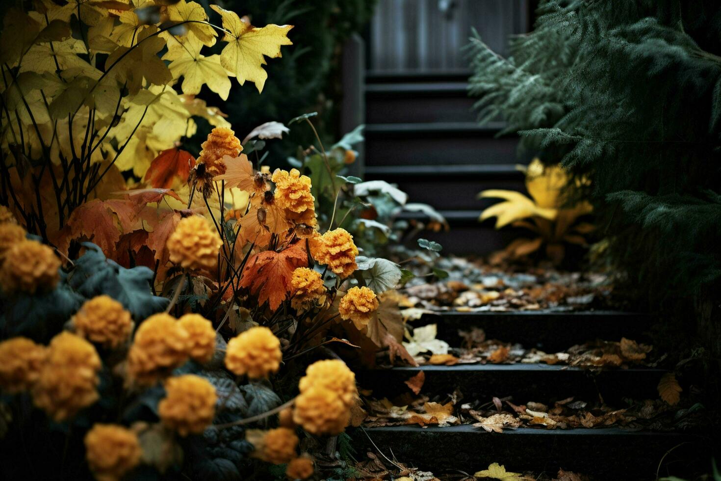 Bonsai tree in the old vase with autumn leaves. ai generated free photo