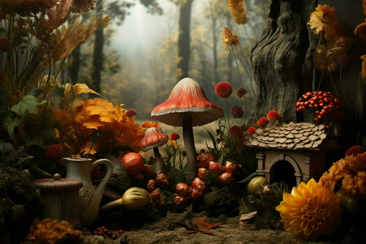 Bonsai tree in the old vase with autumn leaves. ai generated free photo