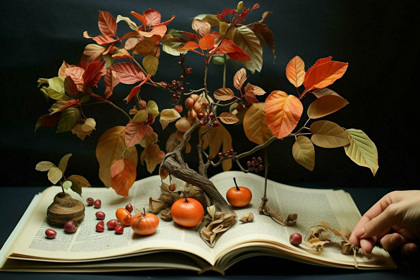 Bonsai tree in the old vase with autumn leaves. ai generated free photo