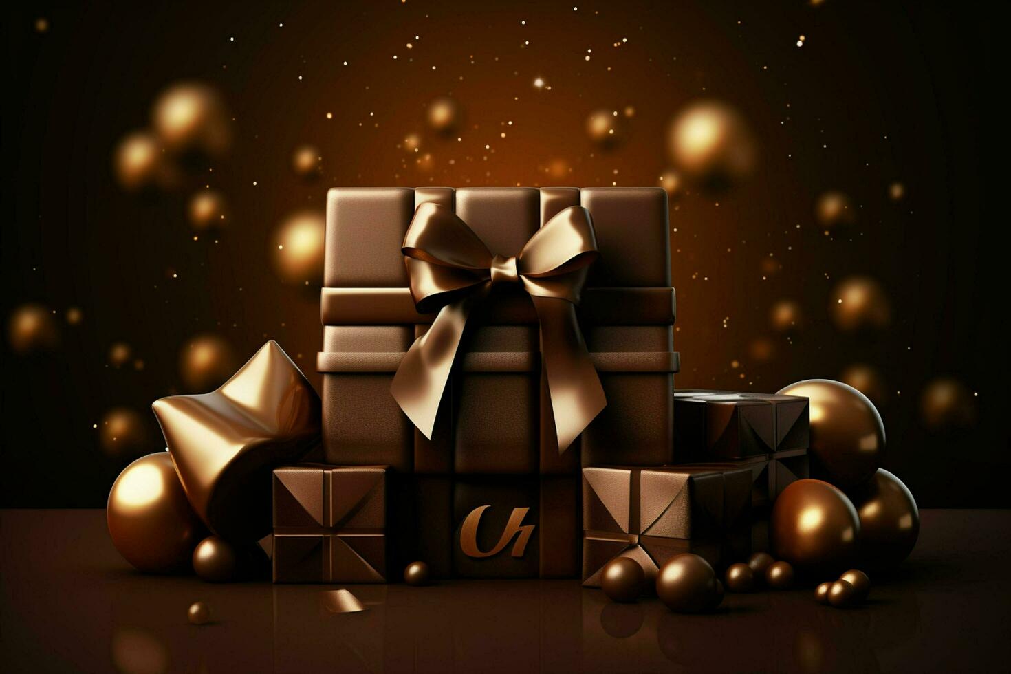 chocolate regalo cajas con arcos y cintas en oscuro antecedentes. ai generado gratis foto