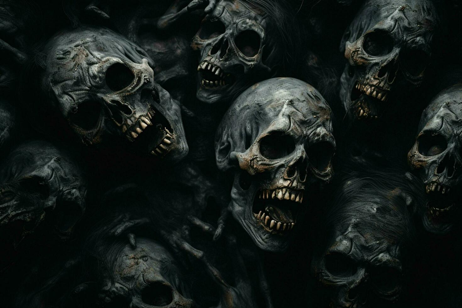 Scary Scary Halloween background with black and white scary skulls. Skulls on black background. Halloween concept. ai generated free photo