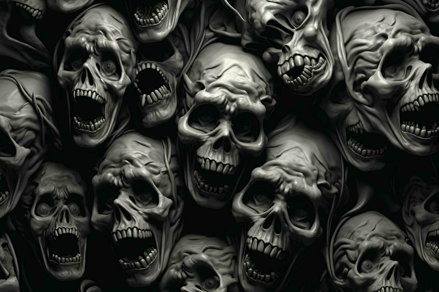 Scary Scary Halloween background with black and white scary skulls. Skulls on black background. Halloween concept. ai generated free photo