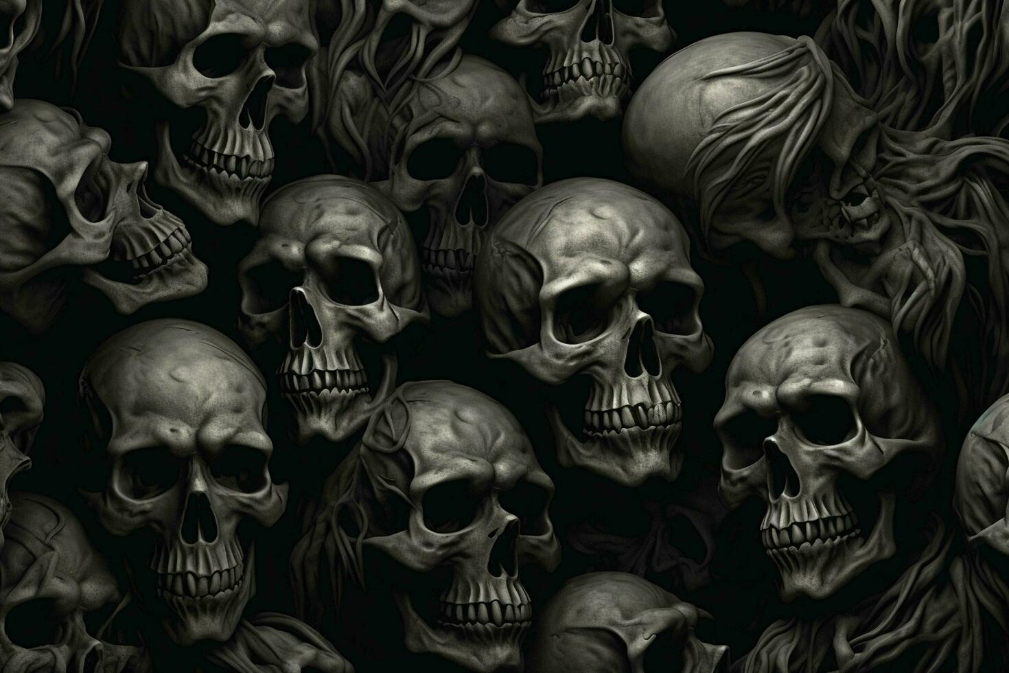 Scary Scary Halloween background with black and white scary skulls. Skulls on black background. Halloween concept. ai generated free photo