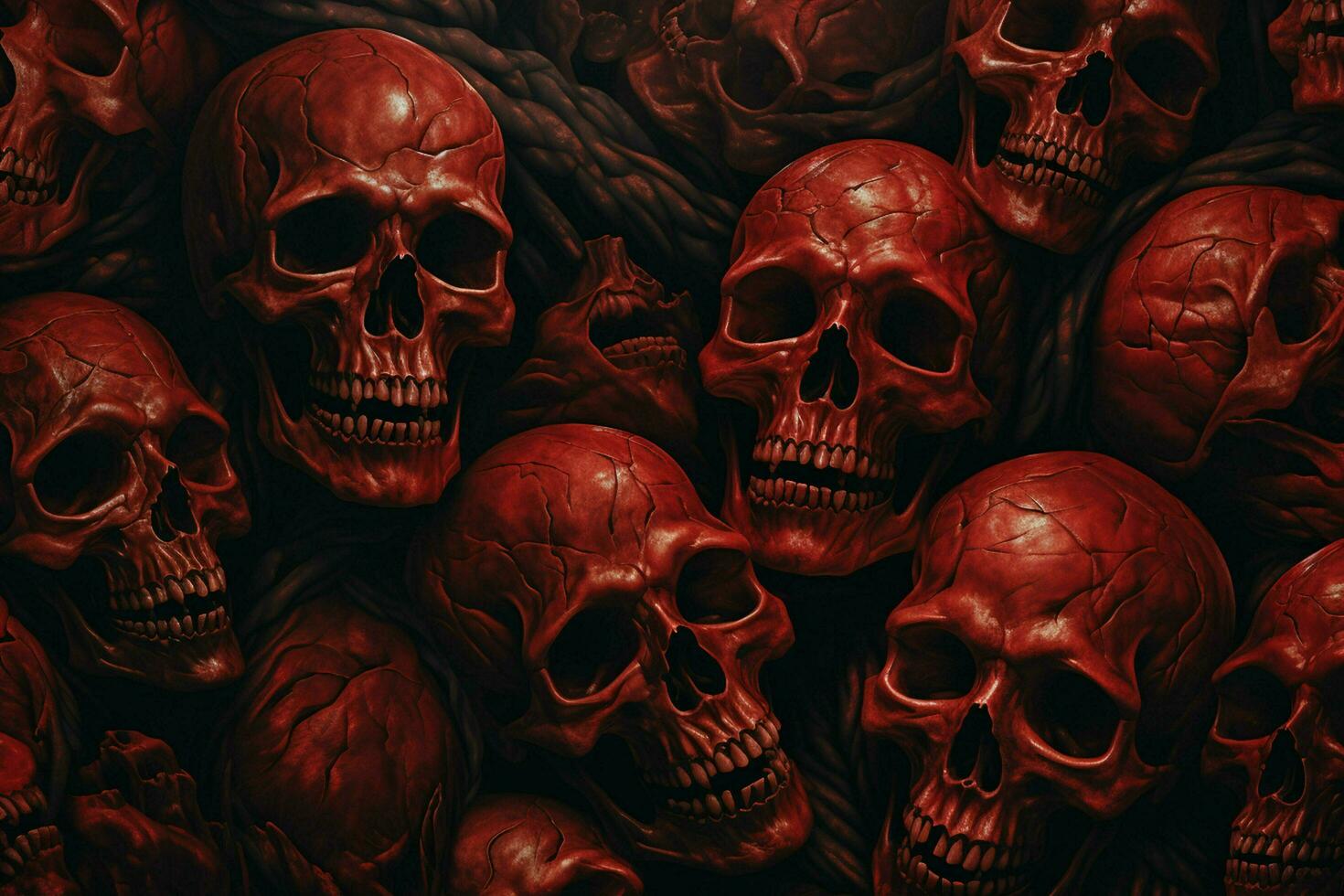 Scary Scary Halloween background with black and white scary skulls. Skulls on black background. Halloween concept. ai generated free photo
