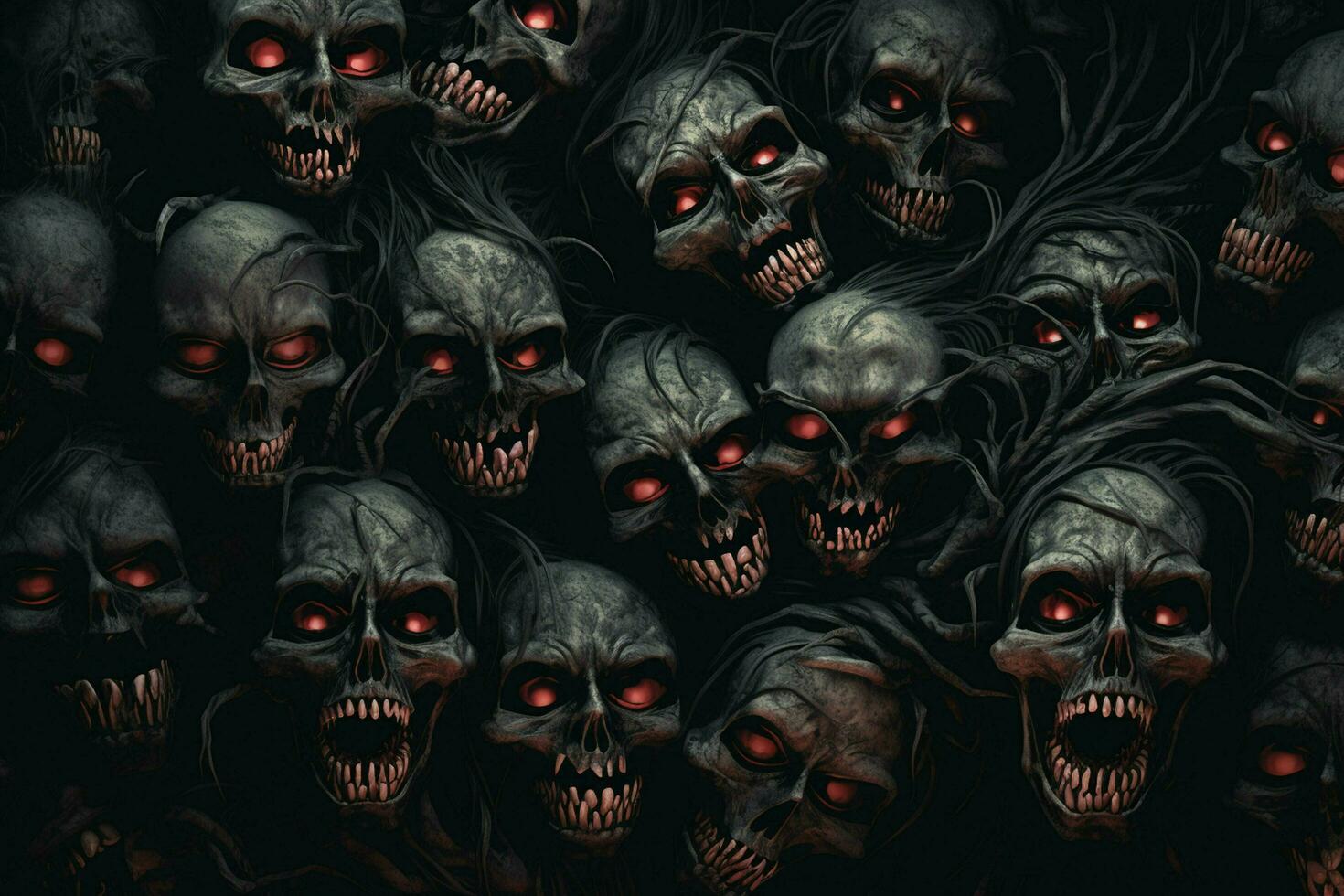Scary Scary Halloween background with black and white scary skulls. Skulls on black background. Halloween concept. ai generated free photo