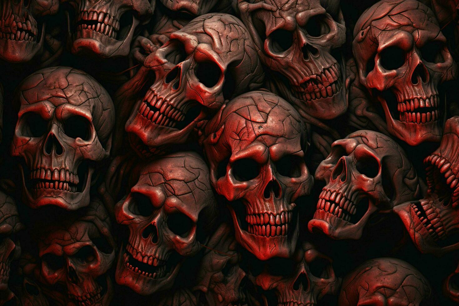 Scary Scary Halloween background with black and white scary skulls. Skulls on black background. Halloween concept. ai generated free photo