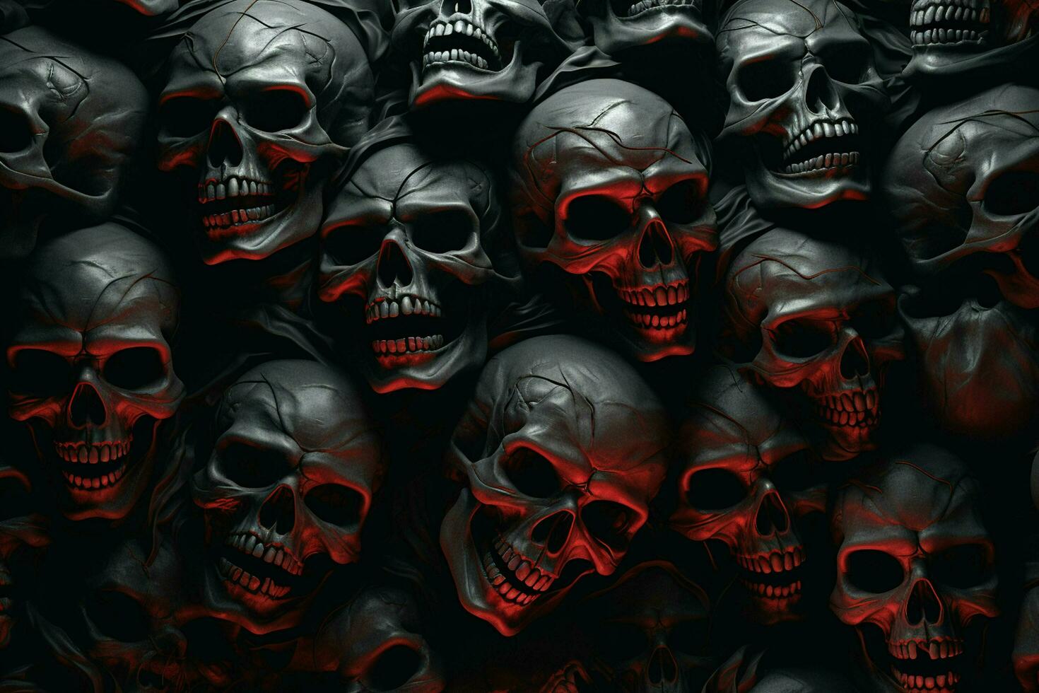 Scary Scary Halloween background with black and white scary skulls. Skulls on black background. Halloween concept. ai generated free photo