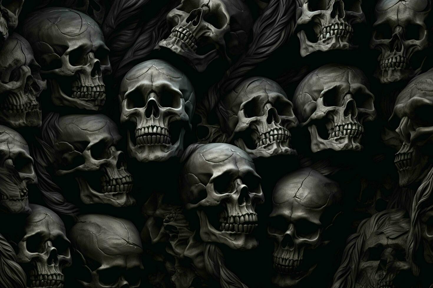 Scary Scary Halloween background with black and white scary skulls. Skulls on black background. Halloween concept. ai generated free photo