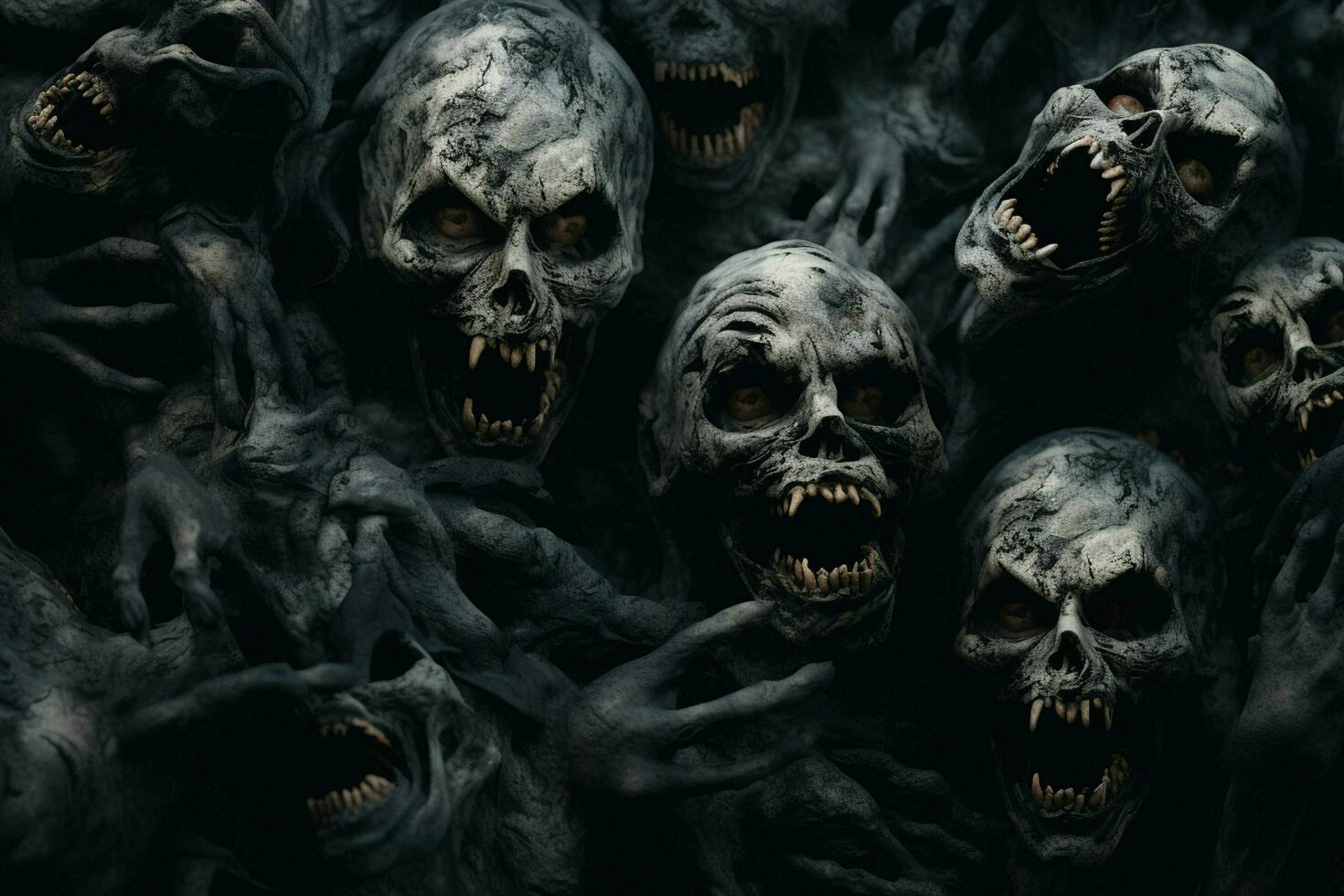 Scary Scary Halloween background with black and white scary skulls. Skulls on black background. Halloween concept. ai generated free photo