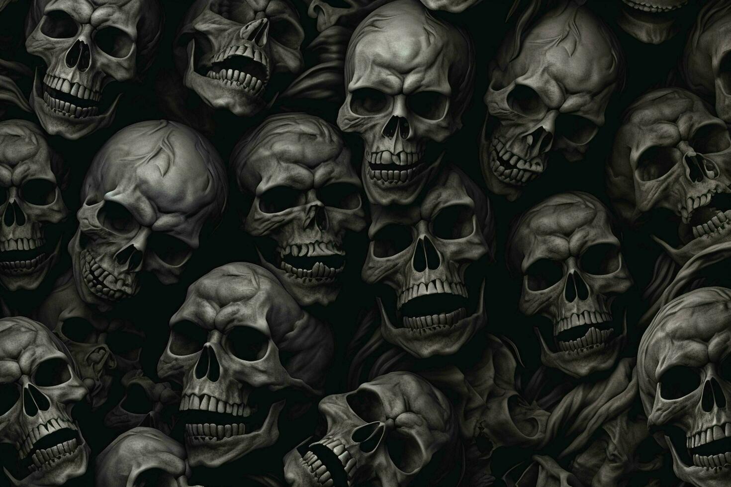 Scary Scary Halloween background with black and white scary skulls. Skulls on black background. Halloween concept. ai generated free photo