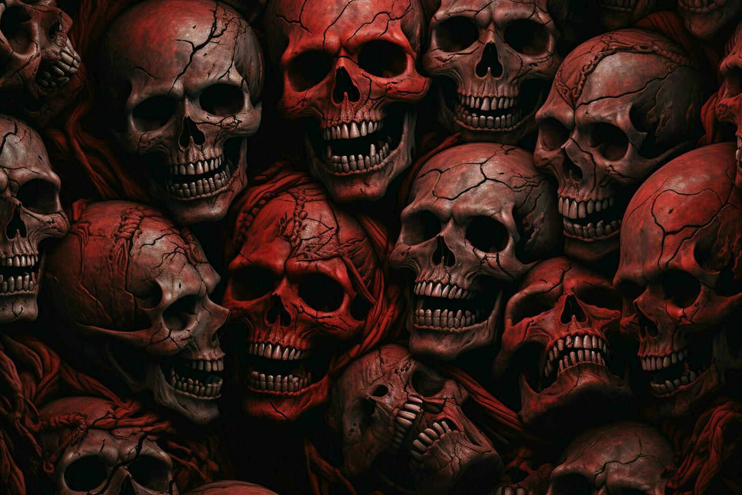 Scary Scary Halloween background with black and white scary skulls. Skulls on black background. Halloween concept. ai generated free photo