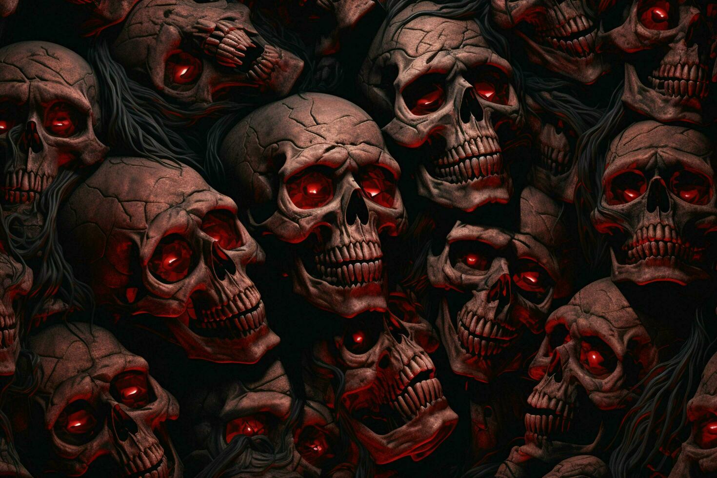 Scary Scary Halloween background with black and white scary skulls. Skulls on black background. Halloween concept. ai generated free photo