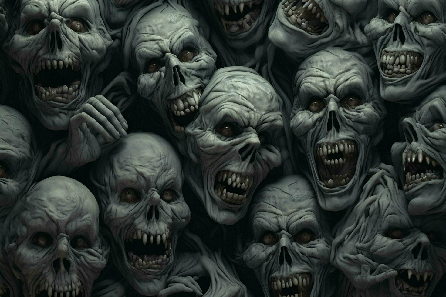 Scary Scary Halloween background with black and white scary skulls. Skulls on black background. Halloween concept. ai generated free photo