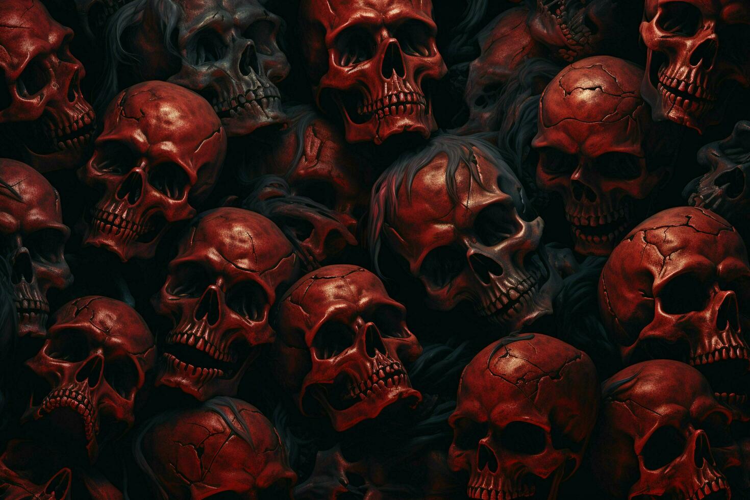 Scary Scary Halloween background with black and white scary skulls. Skulls on black background. Halloween concept. ai generated free photo