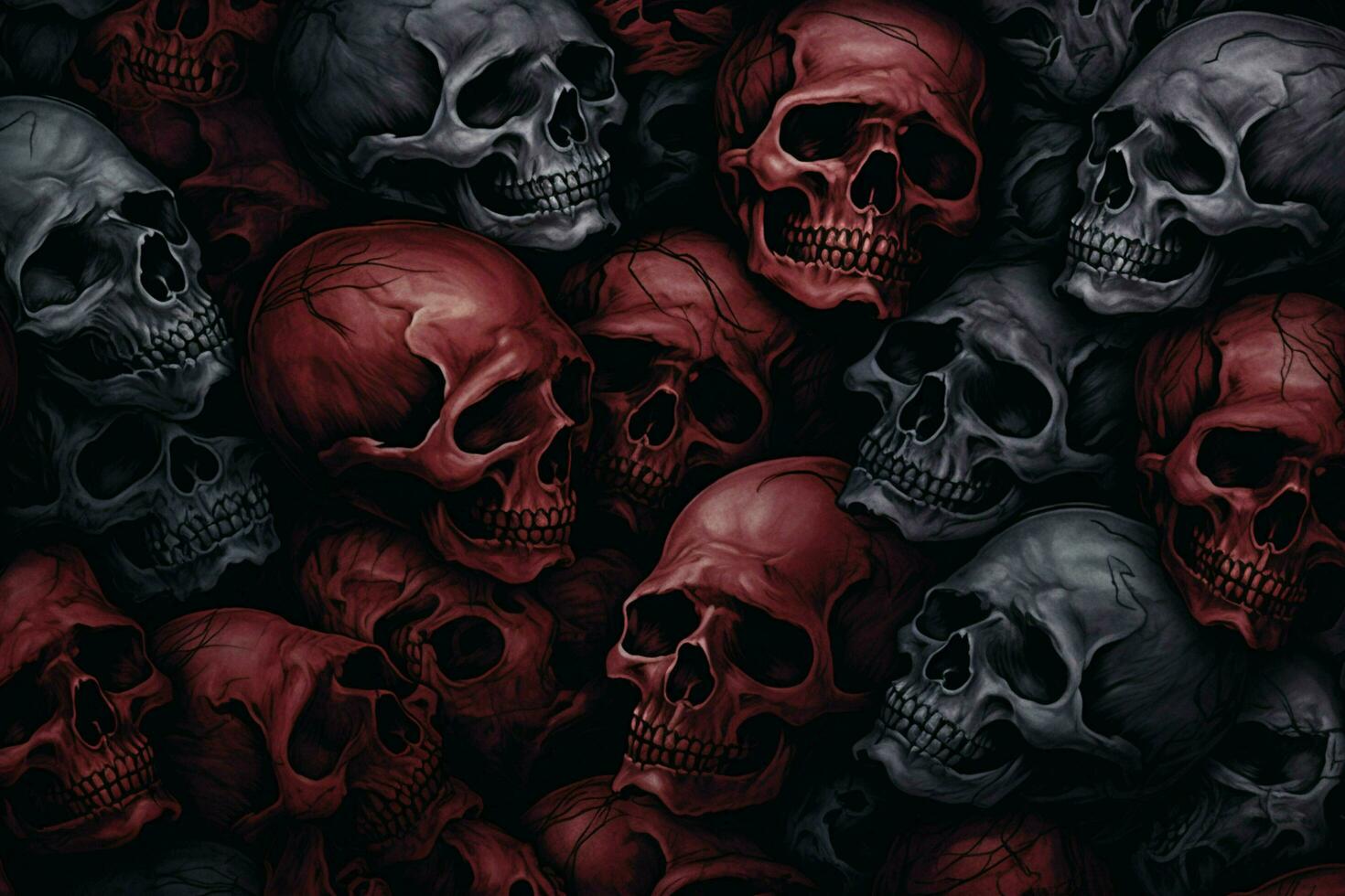 Scary Scary Halloween background with black and white scary skulls. Skulls on black background. Halloween concept. ai generated free photo