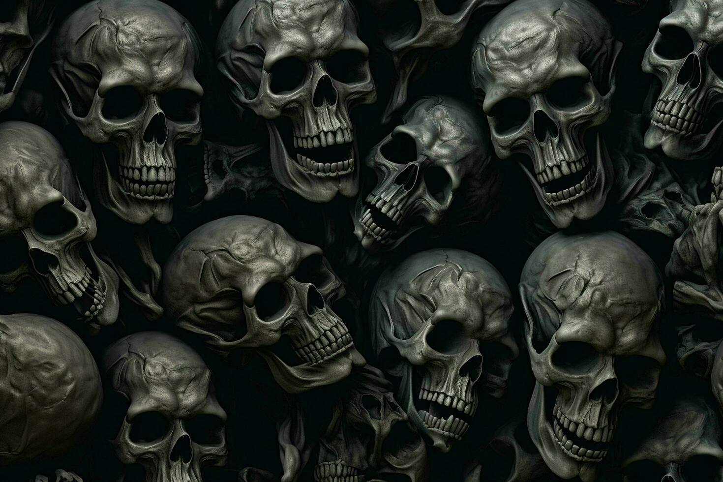 Scary Scary Halloween background with black and white scary skulls. Skulls on black background. Halloween concept. ai generated free photo