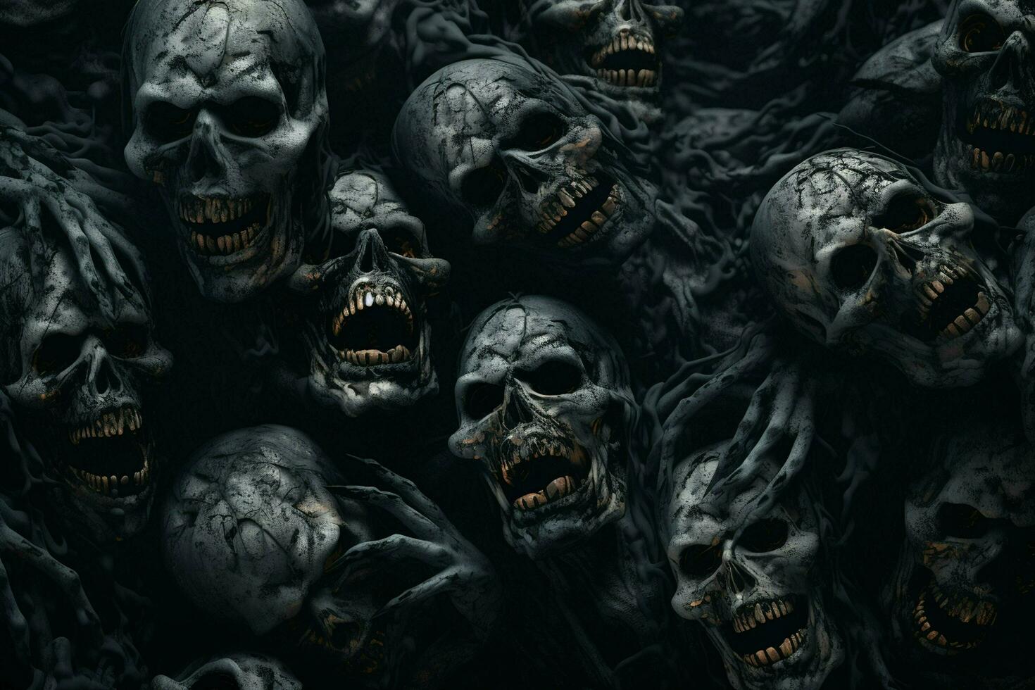 Scary Scary Halloween background with black and white scary skulls. Skulls on black background. Halloween concept. ai generated free photo