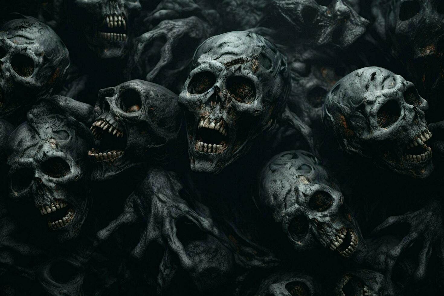 Scary Scary Halloween background with black and white scary skulls. Skulls on black background. Halloween concept. ai generated free photo