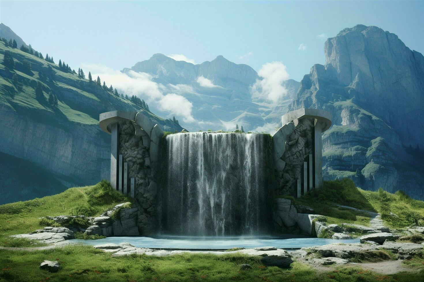 Fantastic landscape with waterfall in the mountains. 3d render. ai generated free photo