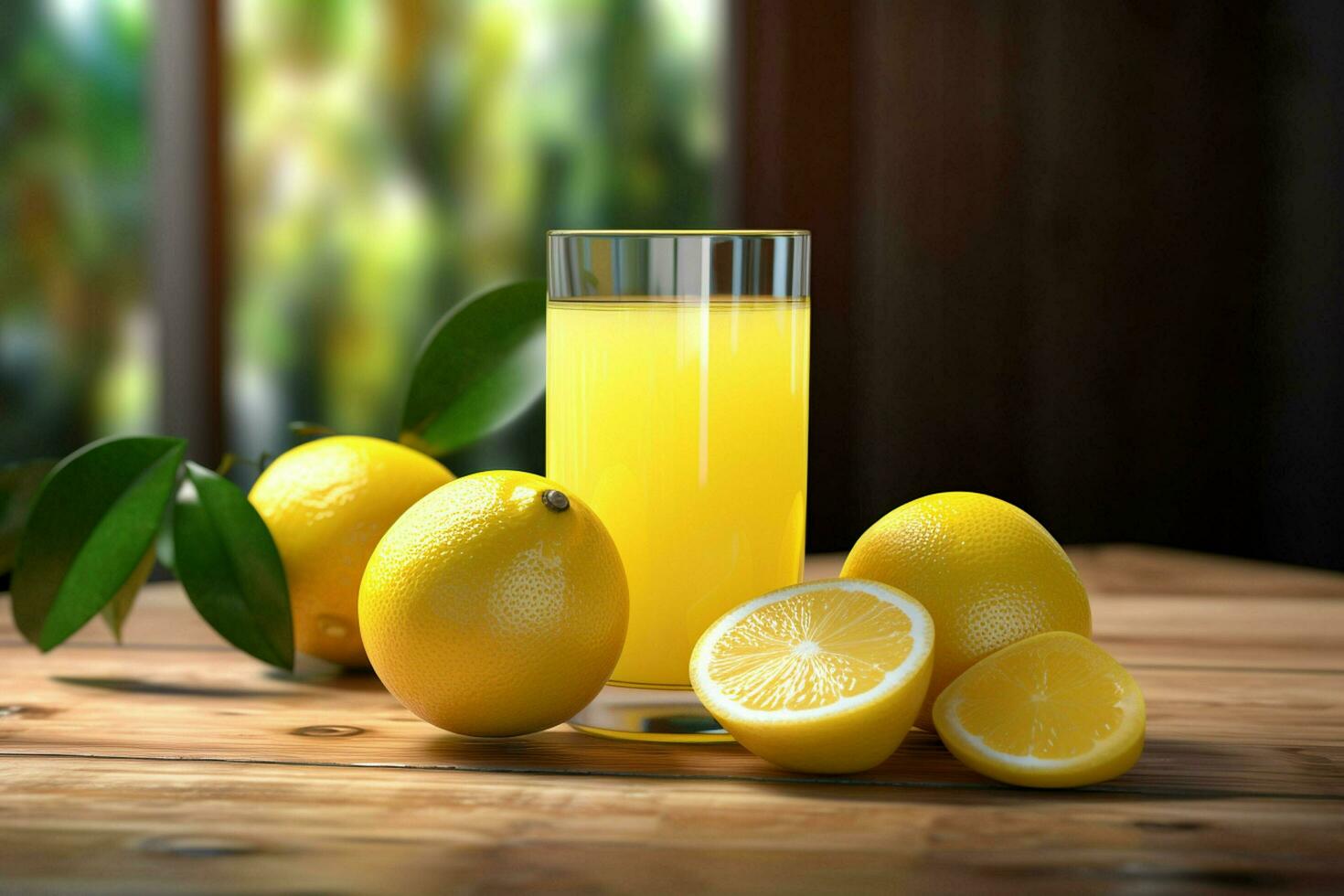 Lemon juice in a glass with fresh lemons on a wooden table. ai generated free photo