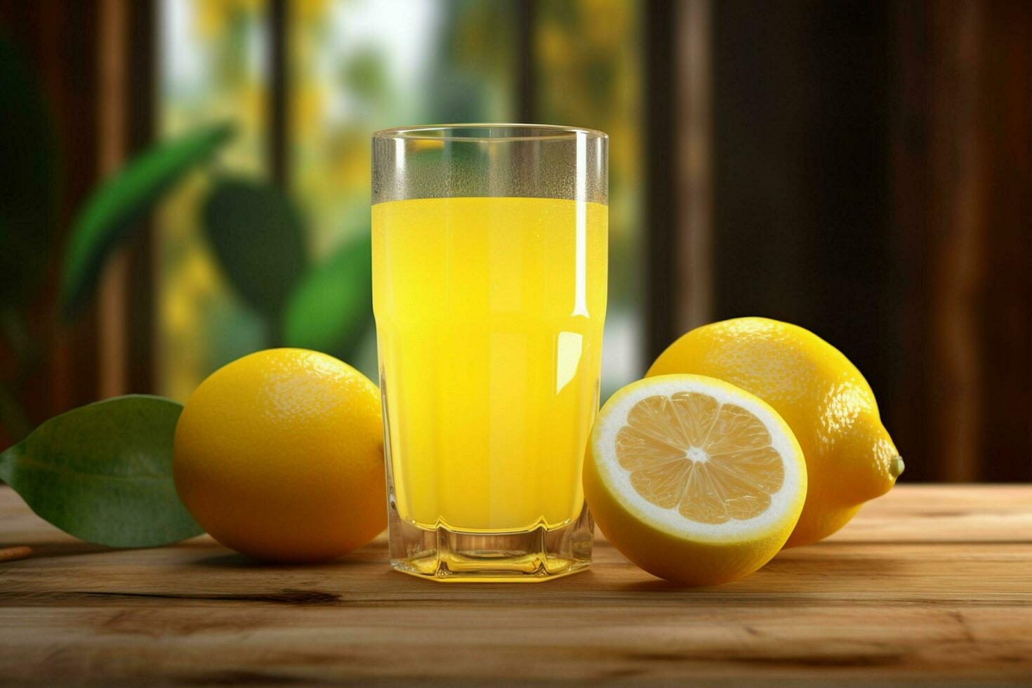 Lemon juice in a glass with fresh lemons on a wooden table. ai generated free photo