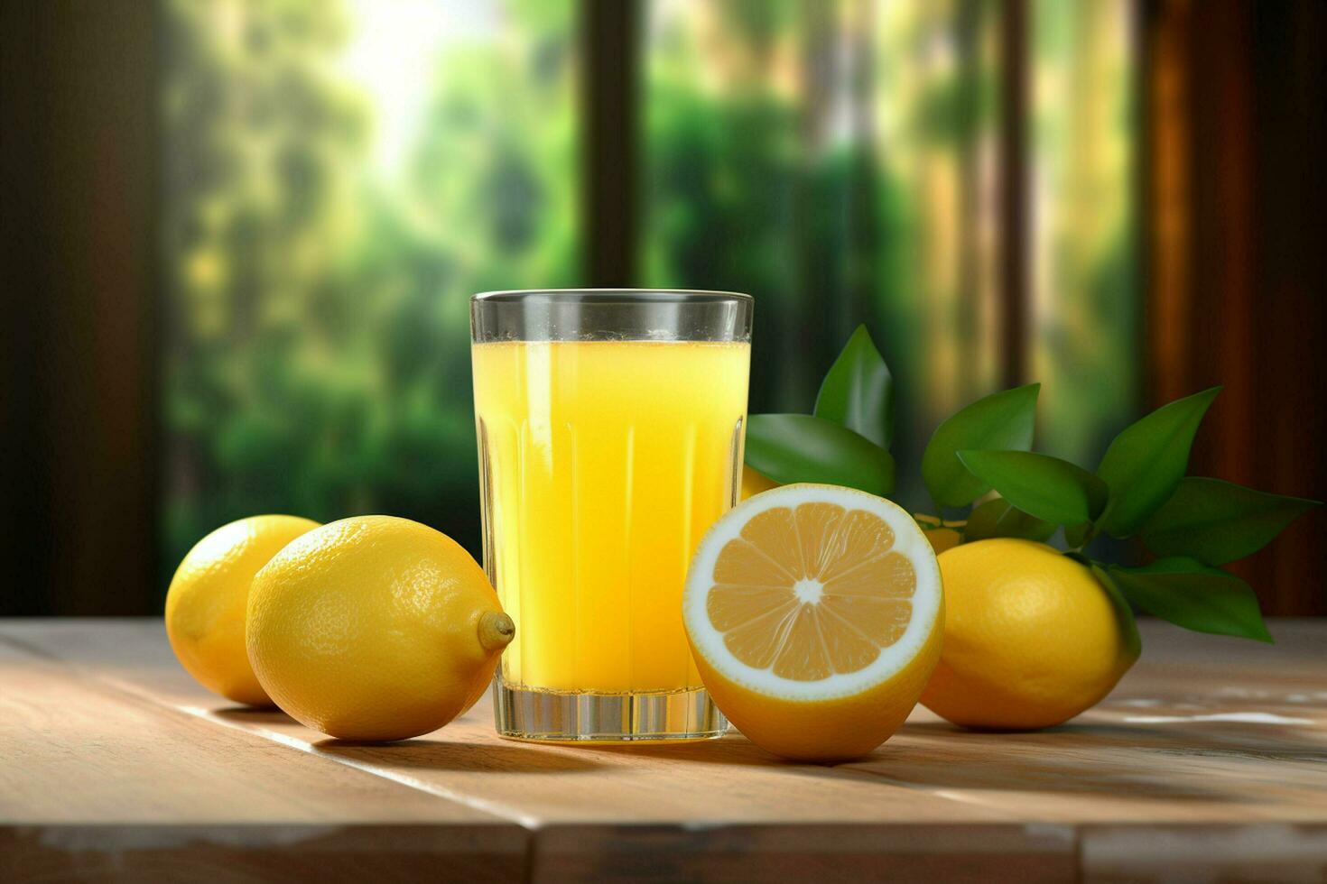 Lemon juice in a glass with fresh lemons on a wooden table. ai generated free photo