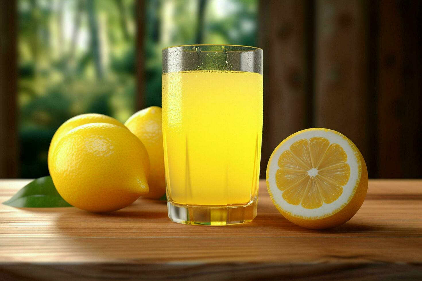 Lemon juice in a glass with fresh lemons on a wooden table. ai generated free photo