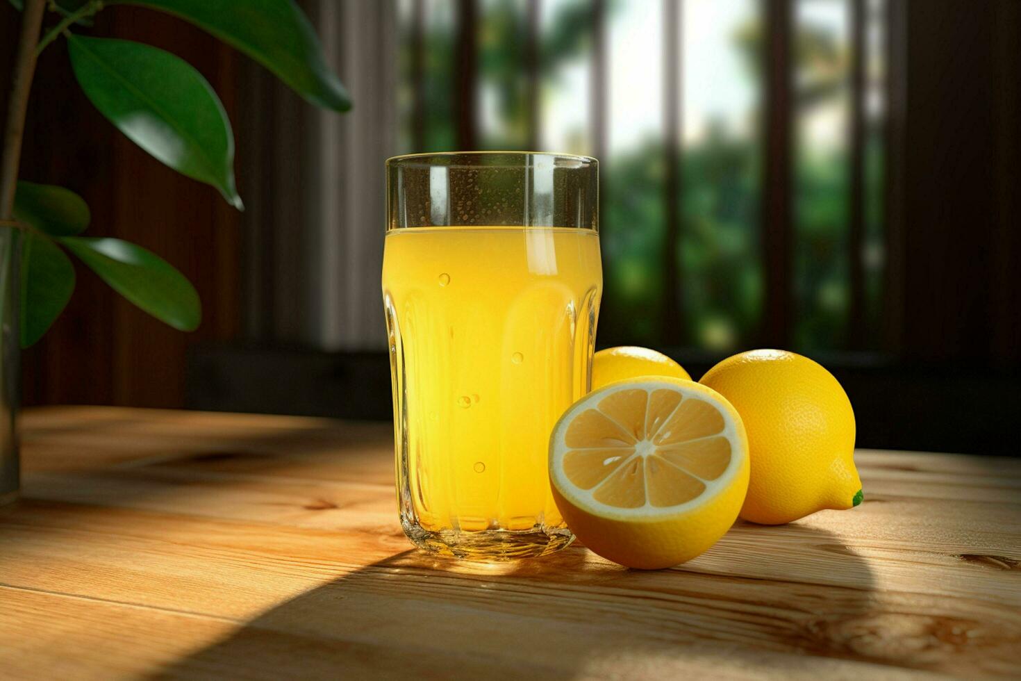 Lemon juice in a glass with fresh lemons on a wooden table. ai generated free photo