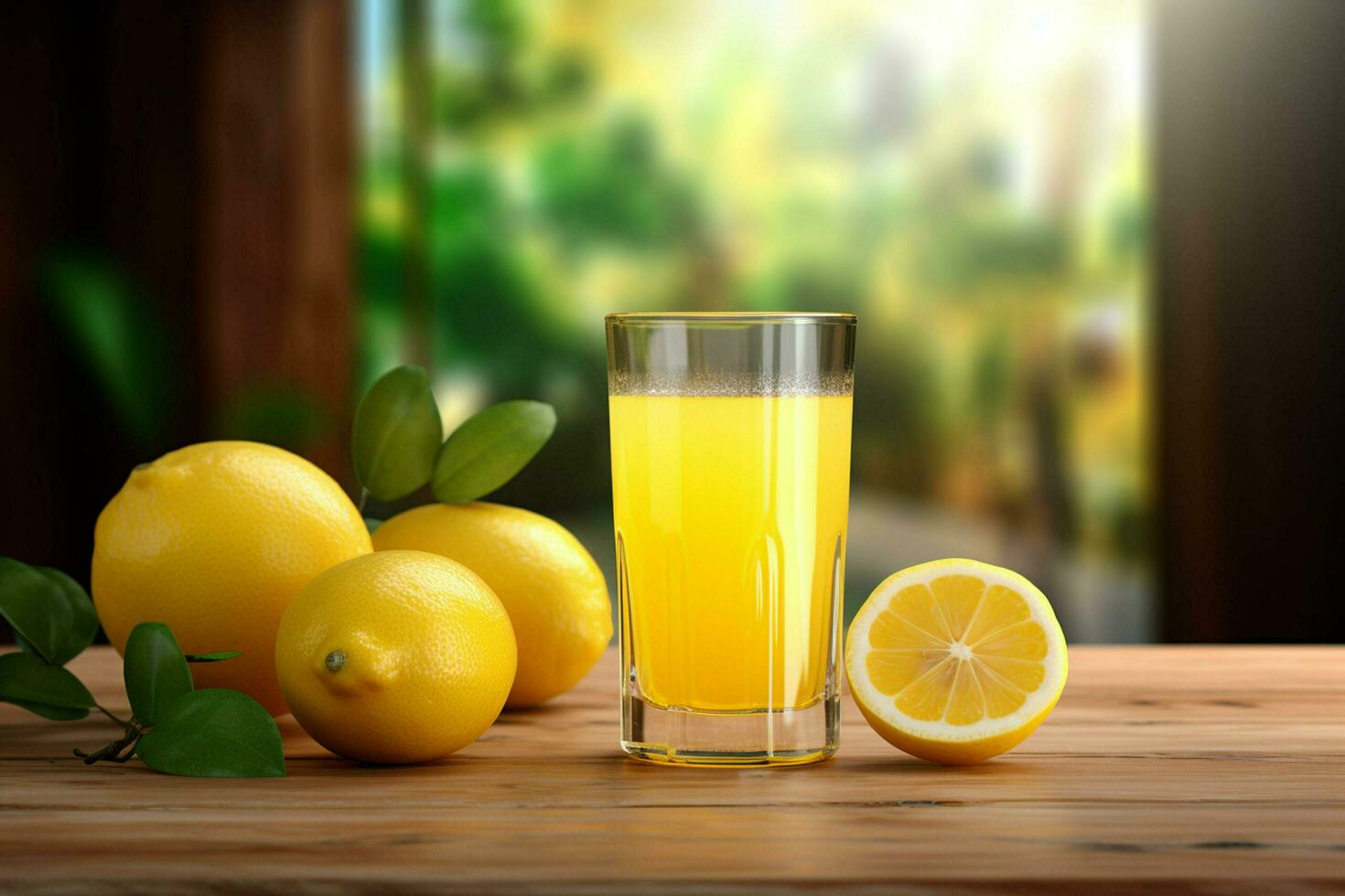 Lemon juice in a glass with fresh lemons on a wooden table. ai generated free photo
