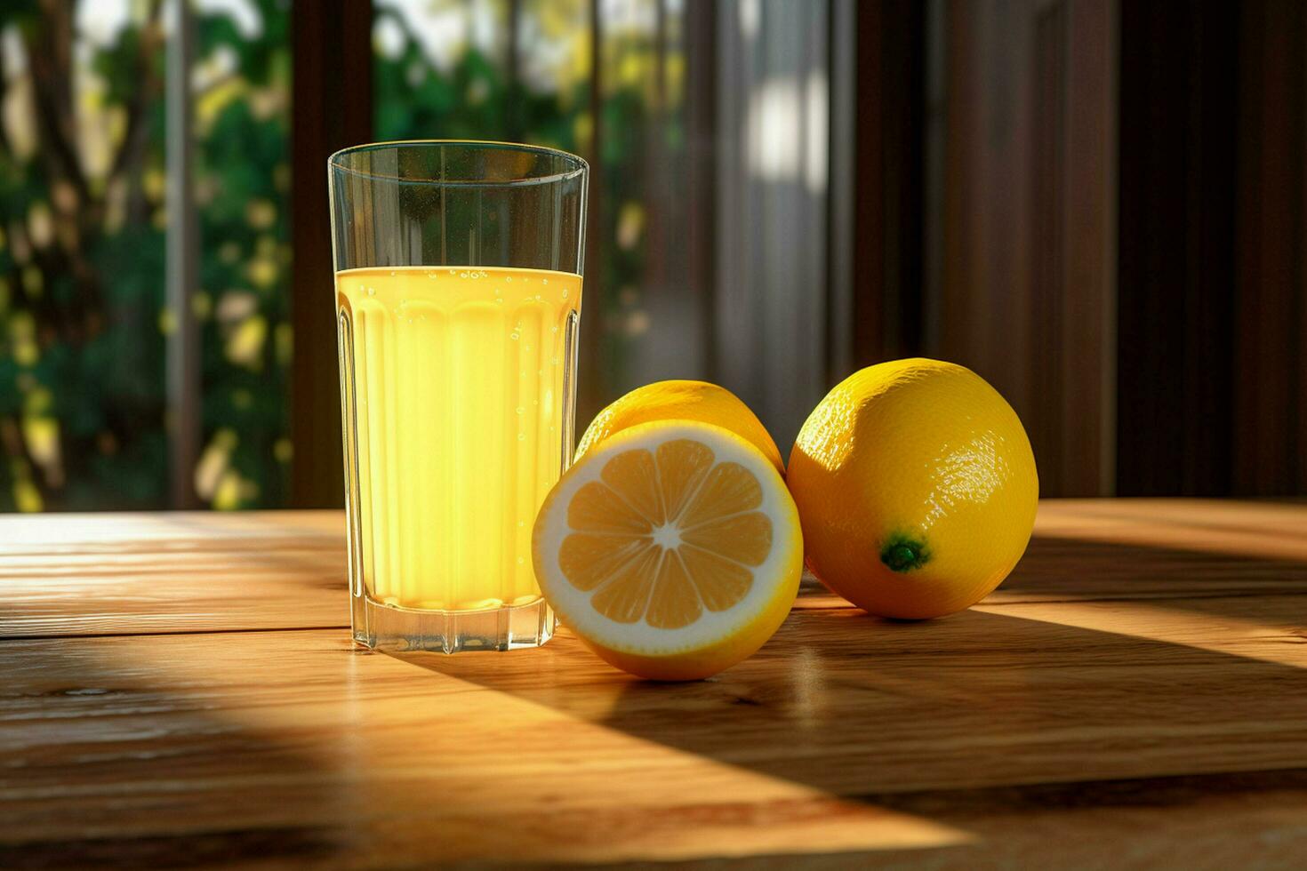 Lemon juice in a glass with fresh lemons on a wooden table. ai generated free photo