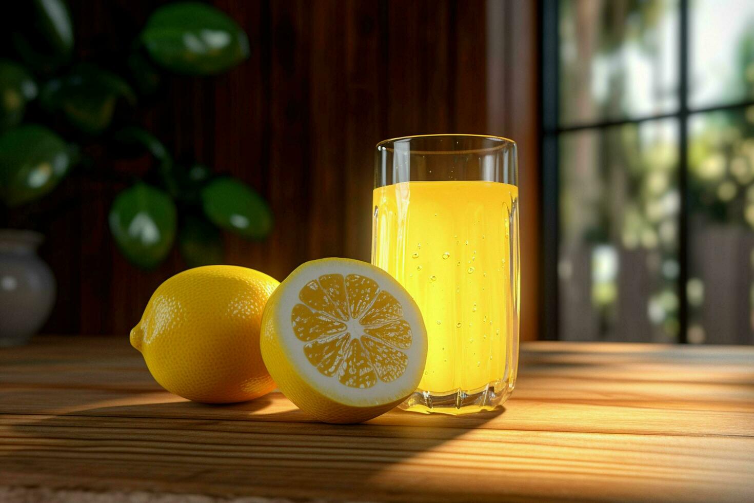 Lemon juice in a glass with fresh lemons on a wooden table. ai generated free photo