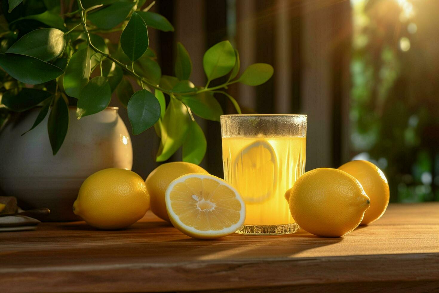 Lemon juice in a glass with fresh lemons on a wooden table. ai generated free photo