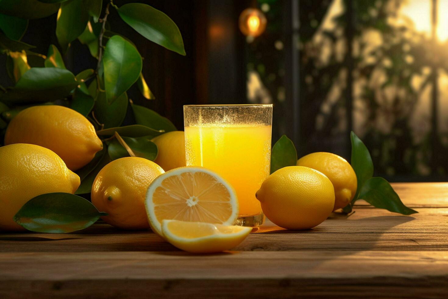 Lemon juice in a glass with fresh lemons on a wooden table. ai generated free photo