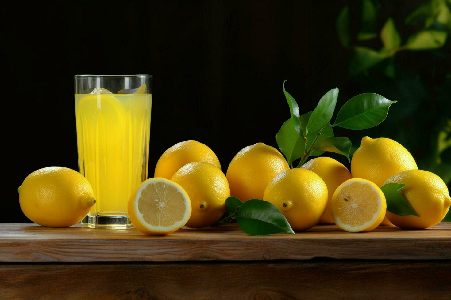 Lemon juice in a glass with fresh lemons on a wooden table. ai generated free photo