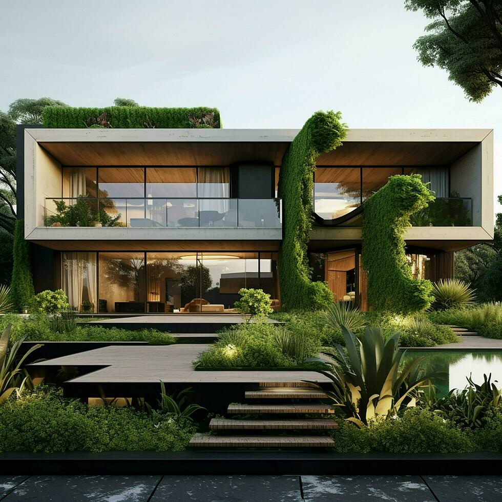 3d rendering of modern cozy house with parking and pool for sale or rent with beautiful landscaping on background. ai generated free photo