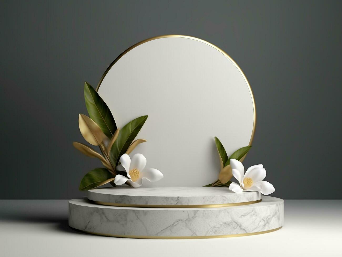 Abstract 3d podium for product presentation with geometric shapes, Empty round podium,Platforms for product presentation with shadows and light background.Generative Ai photo
