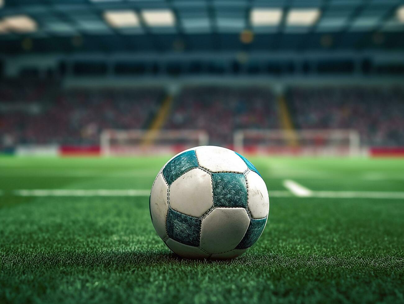 Focus on the soccer ball in the center of the soccer field.Generative Ai. photo