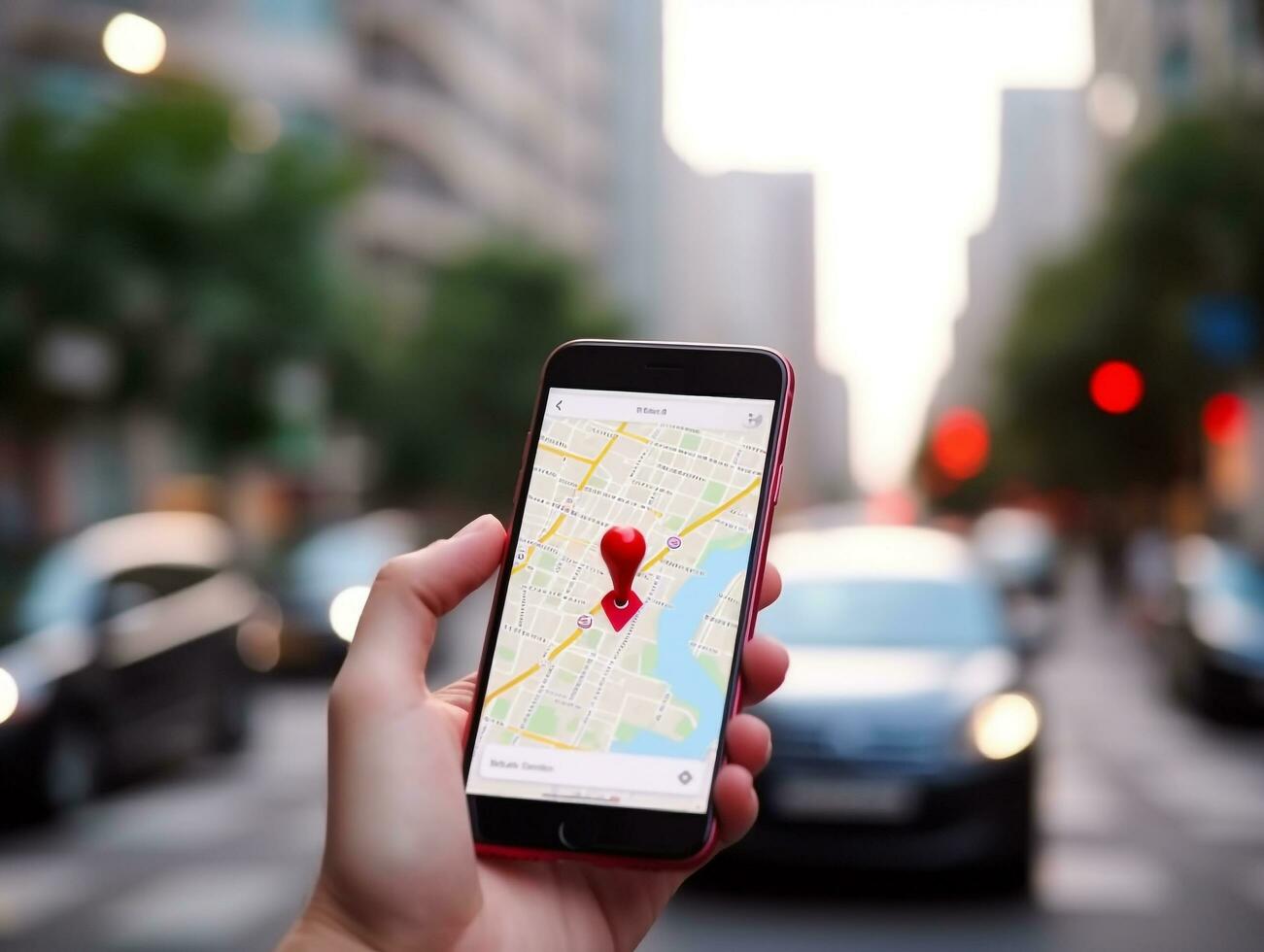 Smartphone gps navigation icon and map on traffic road.Generative Ai. photo