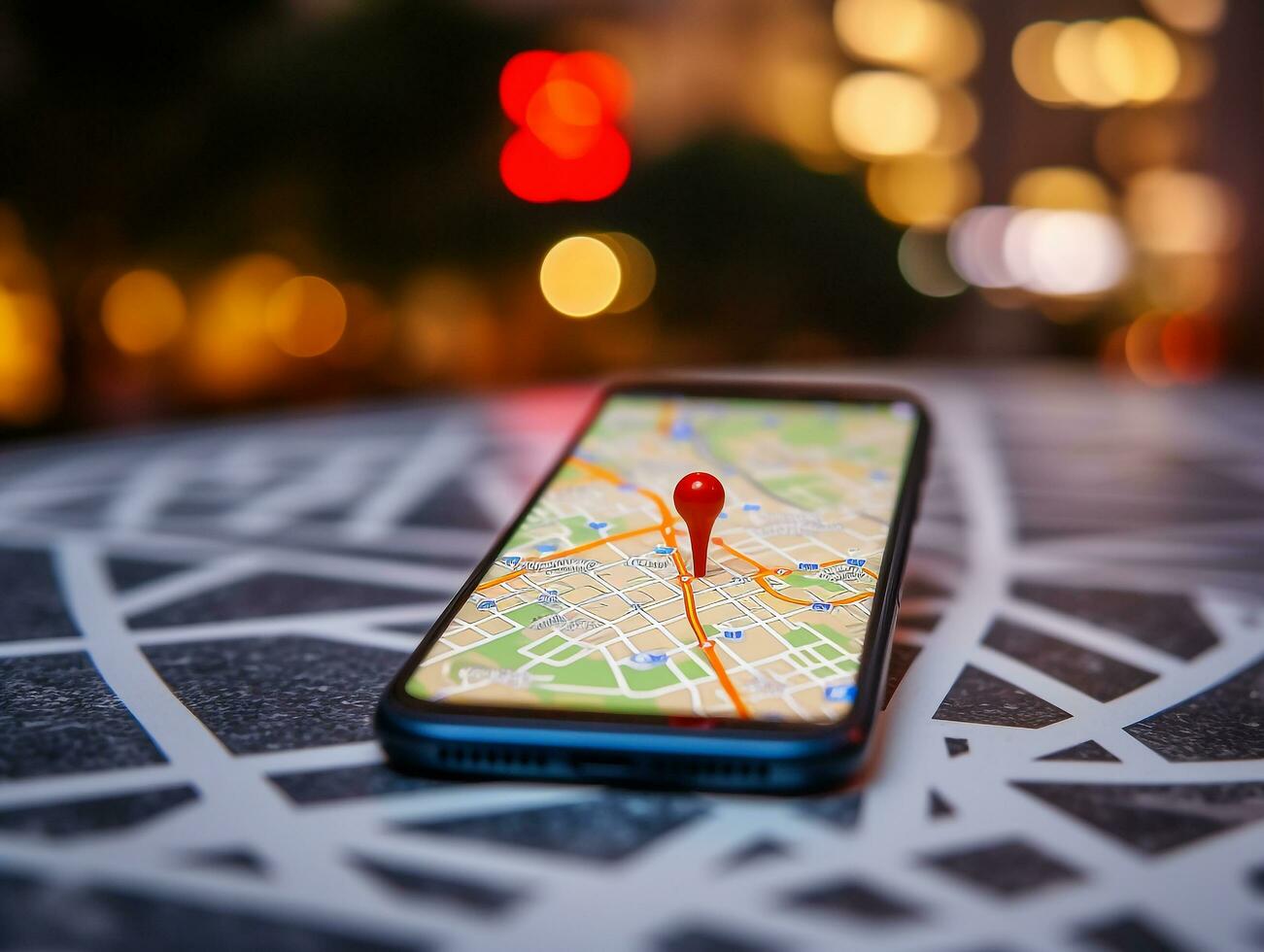 Smartphone gps navigation icon and map on traffic road.Generative Ai. photo