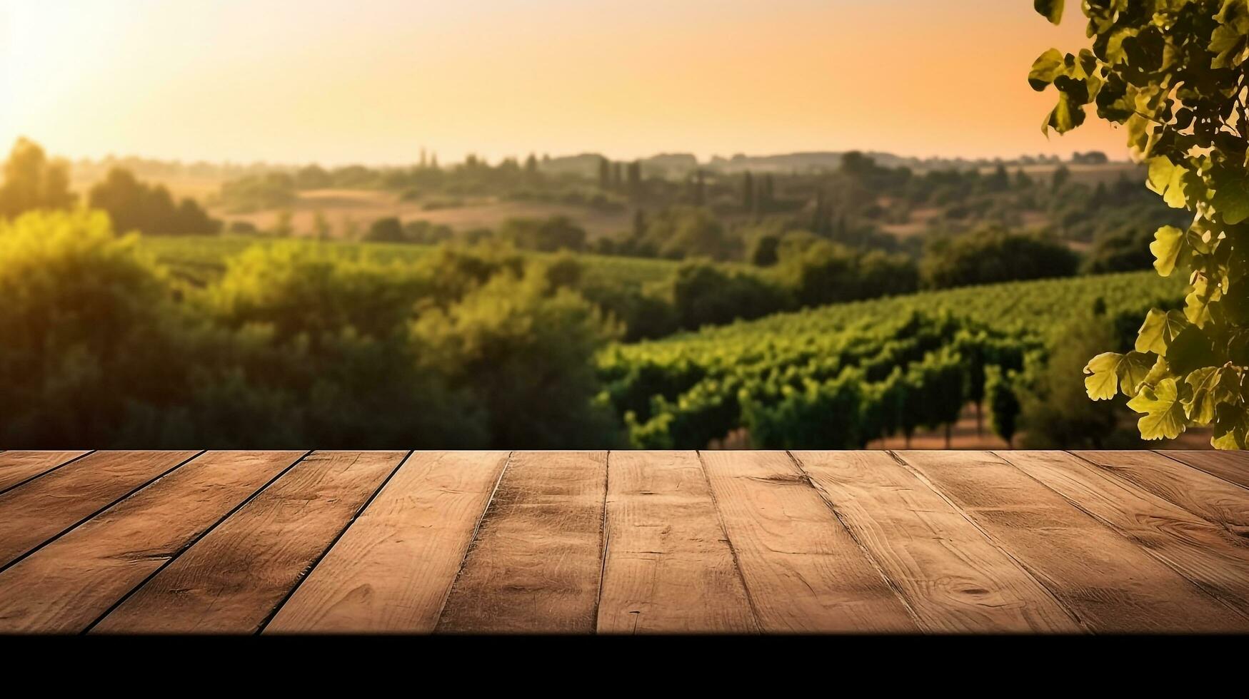 Empty wooden table for product display, award-winning product display, French garden blurred in the background.Generative Ai. photo