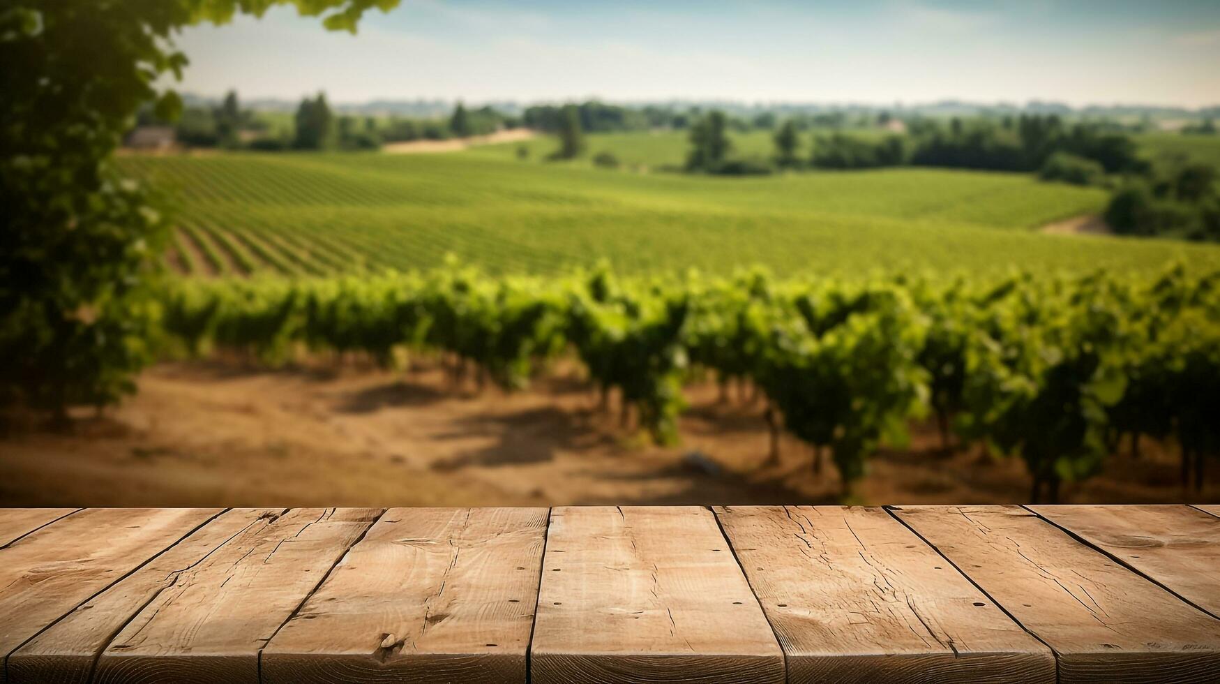Empty wooden table for product display, award-winning product display, French garden blurred in the background.Generative Ai. photo