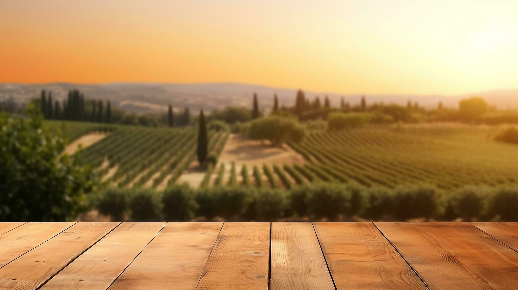 Empty wooden table for product display, award-winning product display, French garden blurred in the background.Generative Ai. photo
