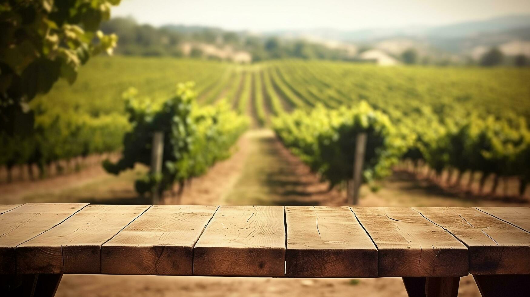Empty wooden table for product display, award-winning product display, French garden blurred in the background.Generative Ai. photo
