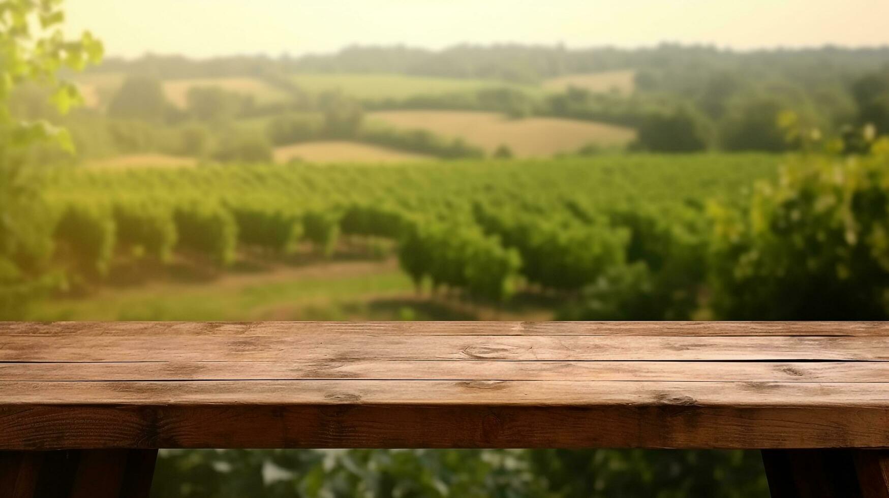 Empty wooden table for product display, award-winning product display, French garden blurred in the background.Generative Ai. photo