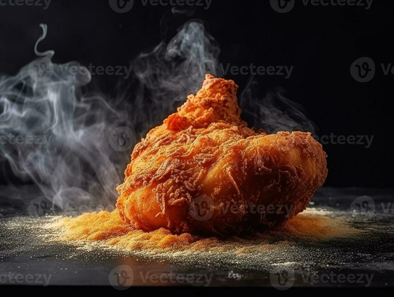 Fresh crispy fried chicken and smoke on black stone.Generative Ai. photo