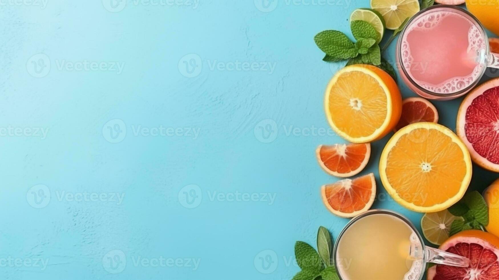 Top view flat lay of juice,lemon,orange,on pastel blue background and copy space.Generative Ai. photo