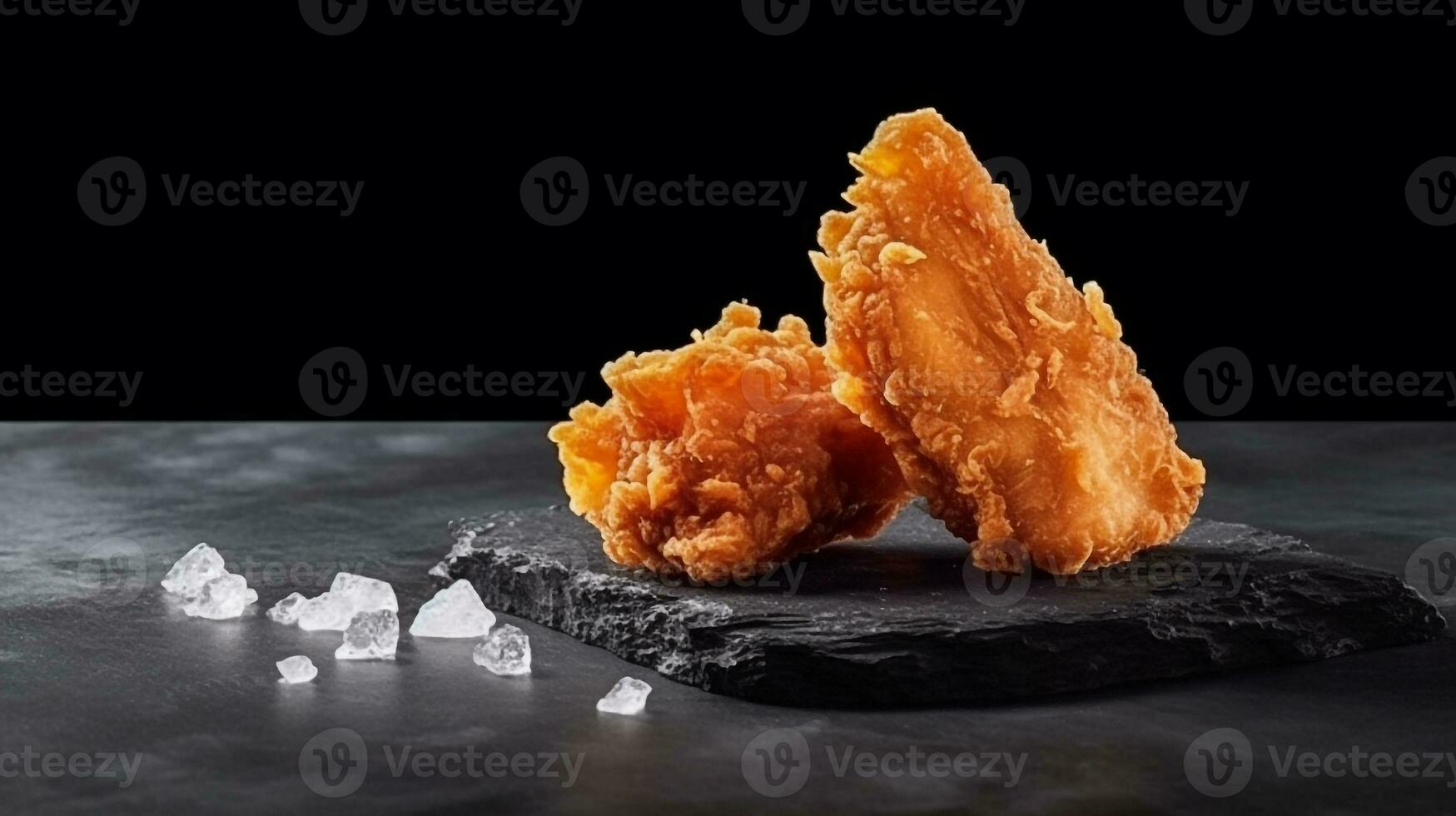 Fresh crispy fried chicken and smoke on black stone.Generative Ai. photo