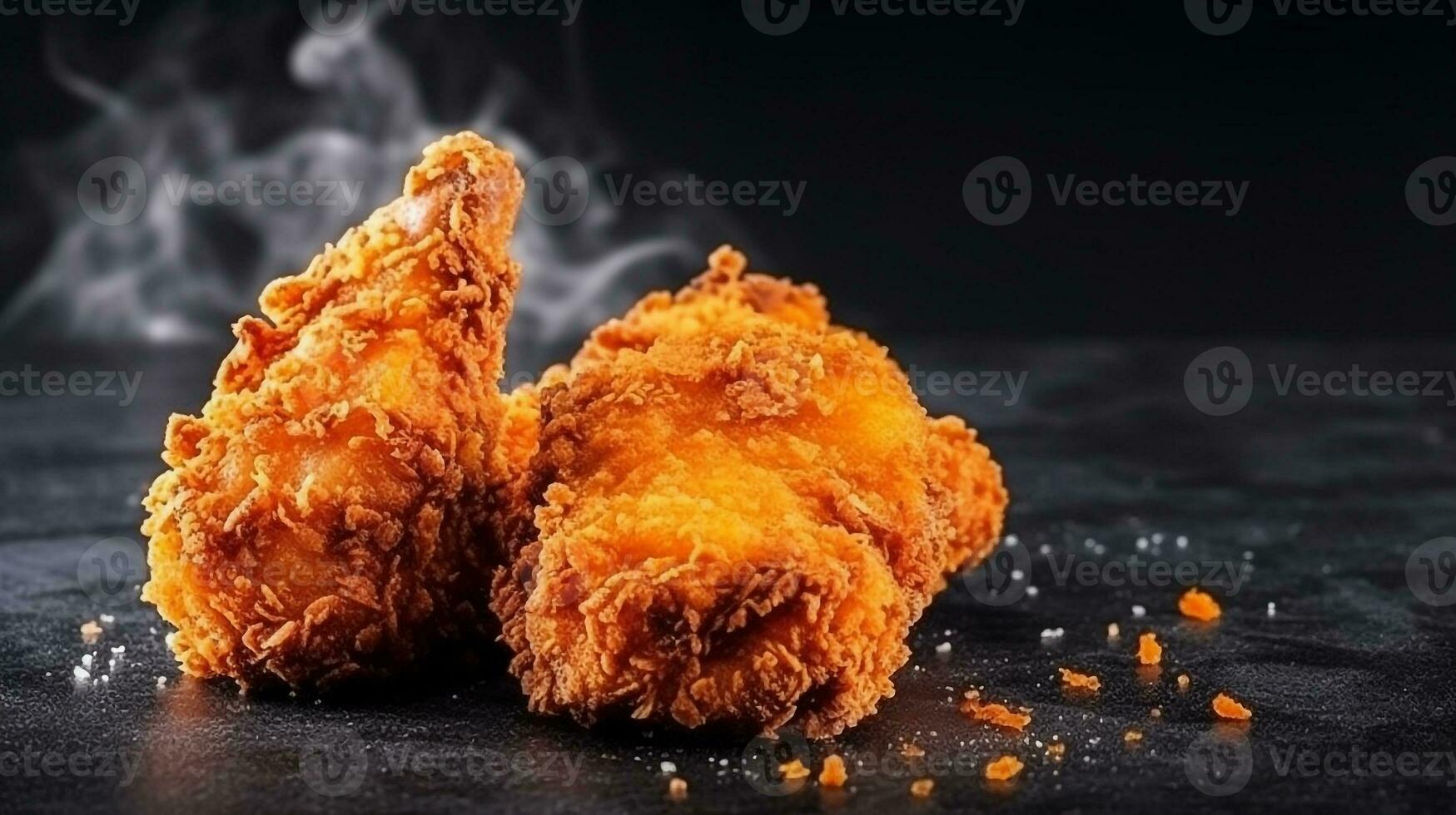 Fresh crispy fried chicken and smoke on black stone.Generative Ai. photo