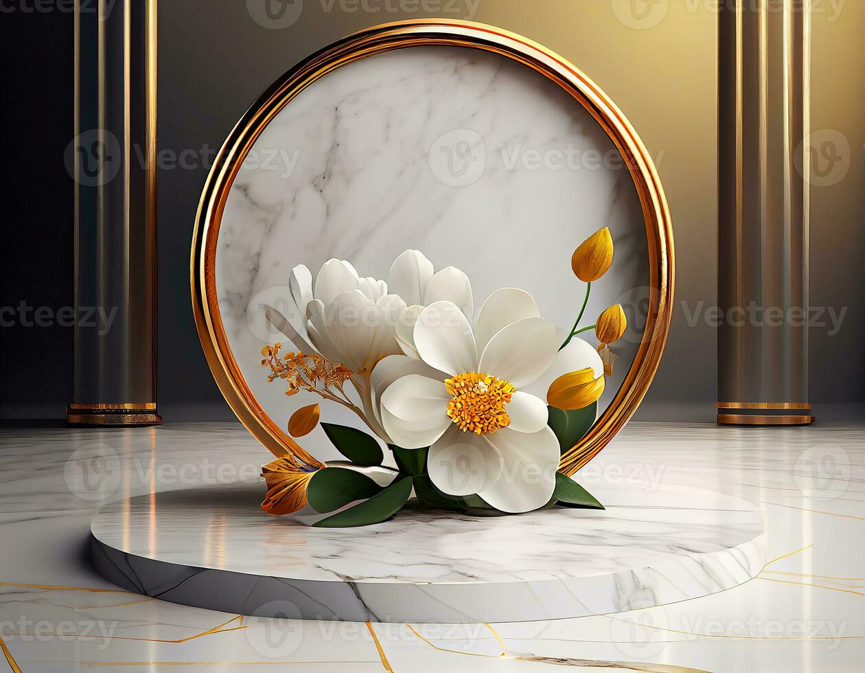 Abstract 3d podium for product presentation with geometric shapes, Empty round podium,Platforms for product presentation show new product background.Generative Ai photo