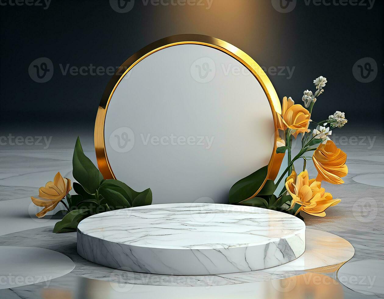 Abstract 3d podium for product presentation with geometric shapes, Empty round podium,Platforms for product presentation show new product background.Generative Ai photo